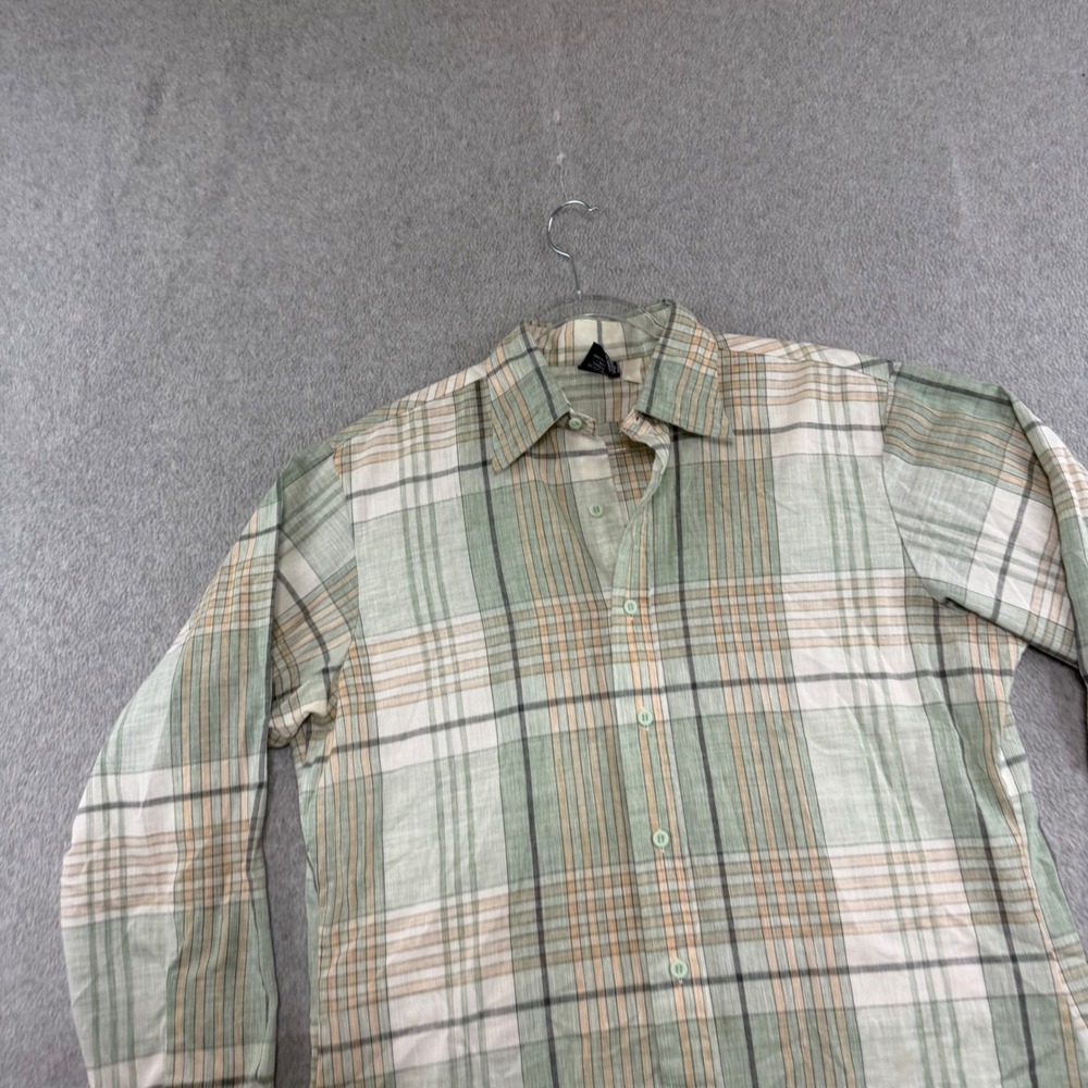 Sears Jeans Joint Plaid Button Up Shirt Mens L Green Tan Vintage 70s Perma-Prest